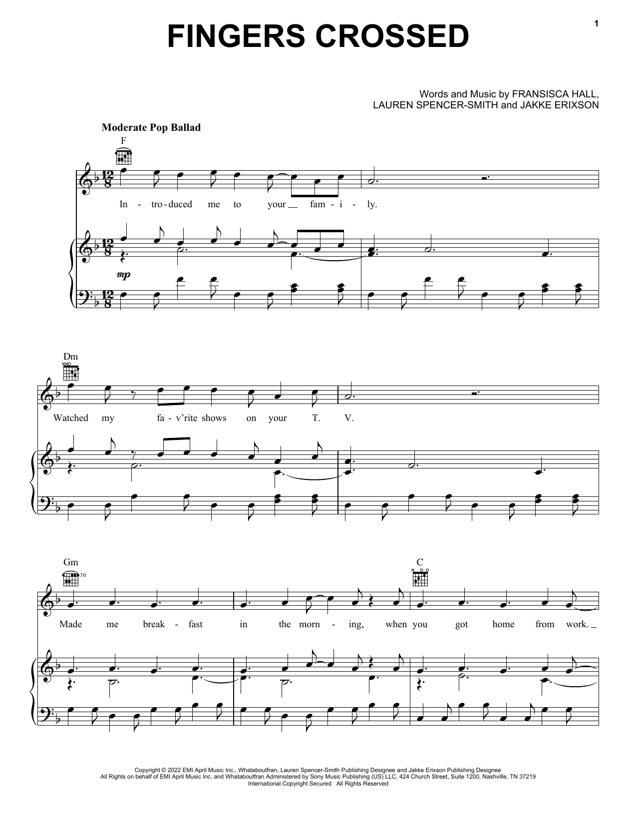 Lauren Spencer-Smith Fingers Crossed Sheet Music Notes & Chords for Piano, Vocal & Guitar Chords (Right-Hand Melody) - Download or Print PDF