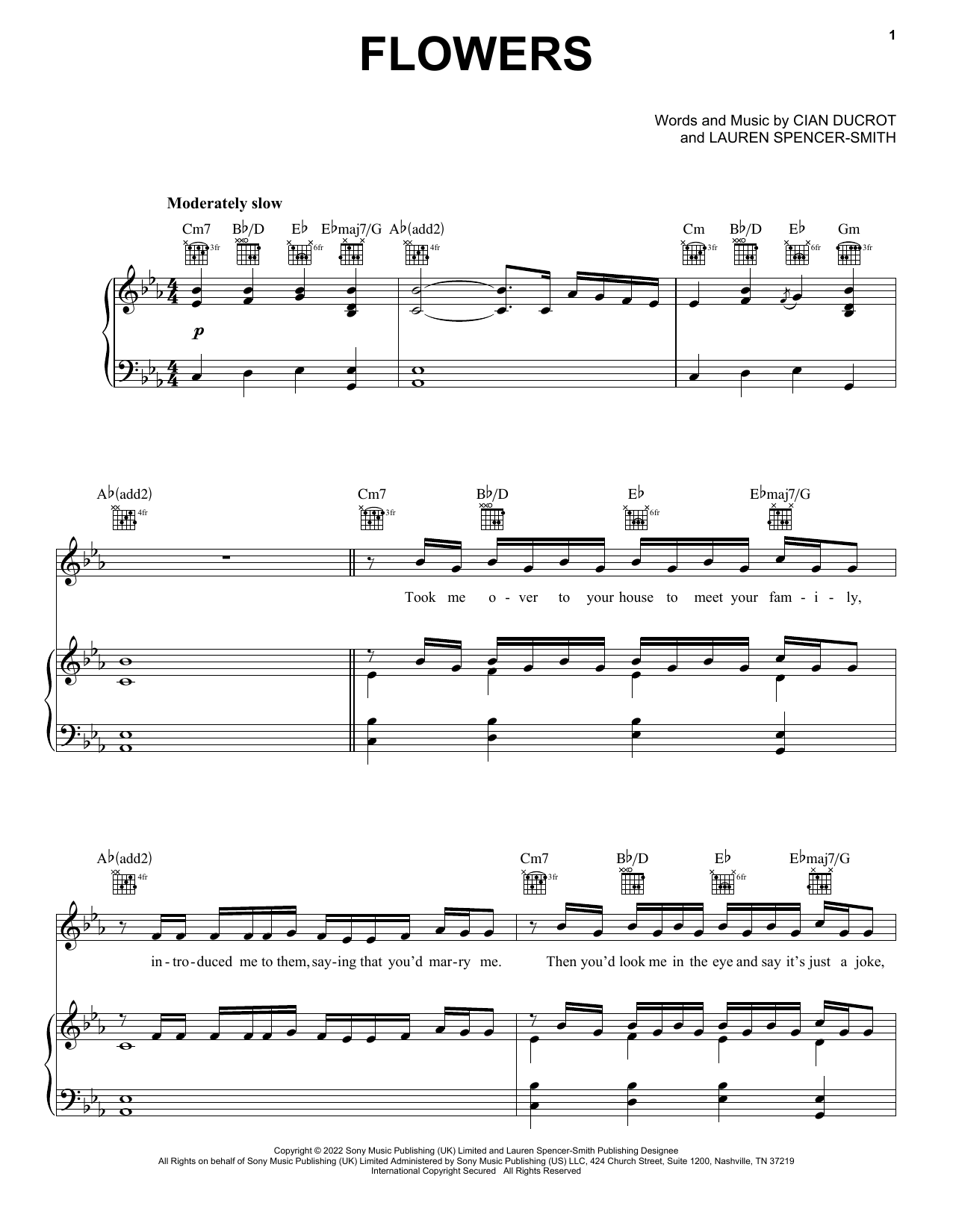 Lauren Spencer-Smith Flowers Sheet Music Notes & Chords for Piano, Vocal & Guitar Chords (Right-Hand Melody) - Download or Print PDF