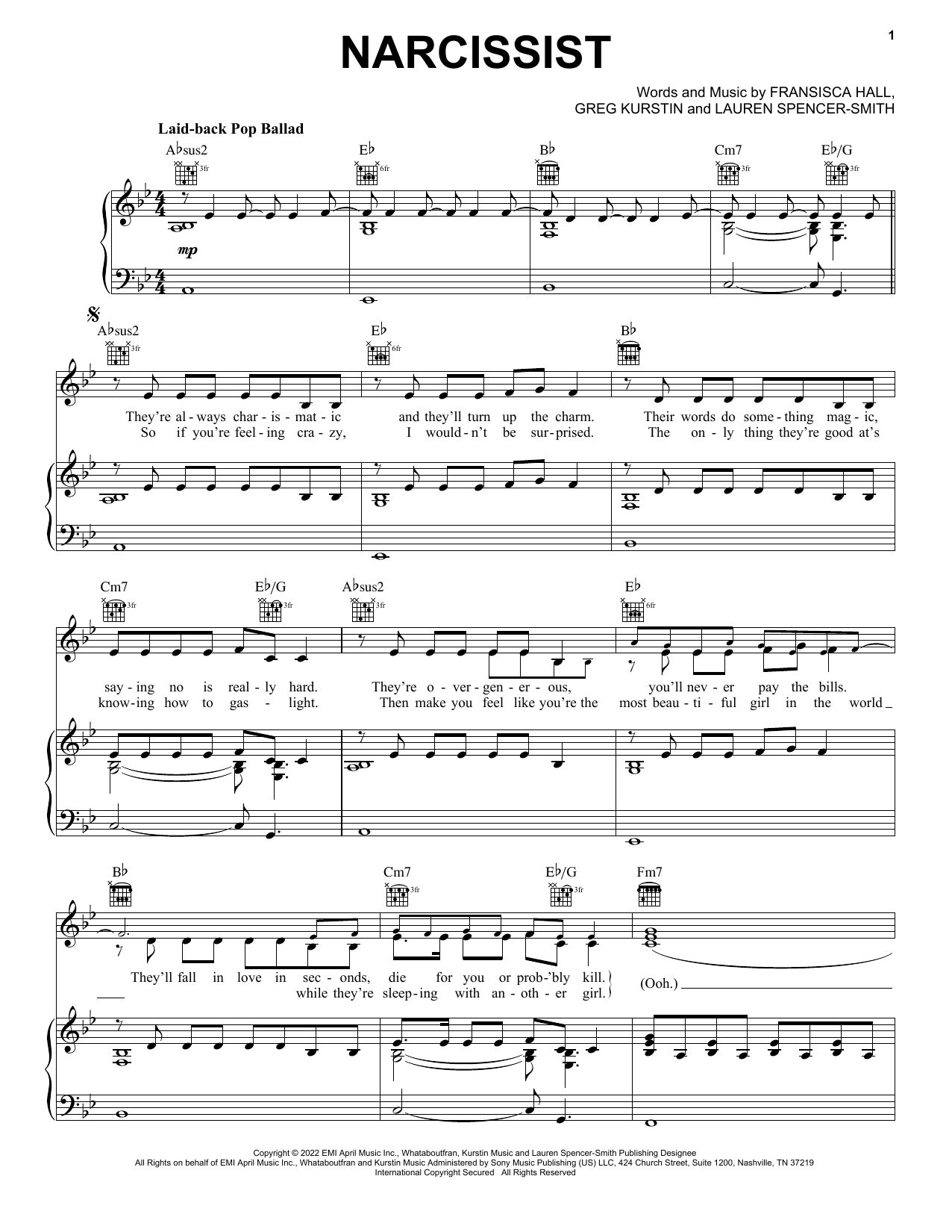 Lauren Spencer-Smith Narcissist Sheet Music Notes & Chords for Piano, Vocal & Guitar Chords (Right-Hand Melody) - Download or Print PDF