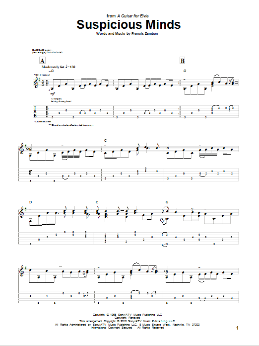 Laurence Juber Suspicious Minds Sheet Music Notes & Chords for Guitar Tab - Download or Print PDF