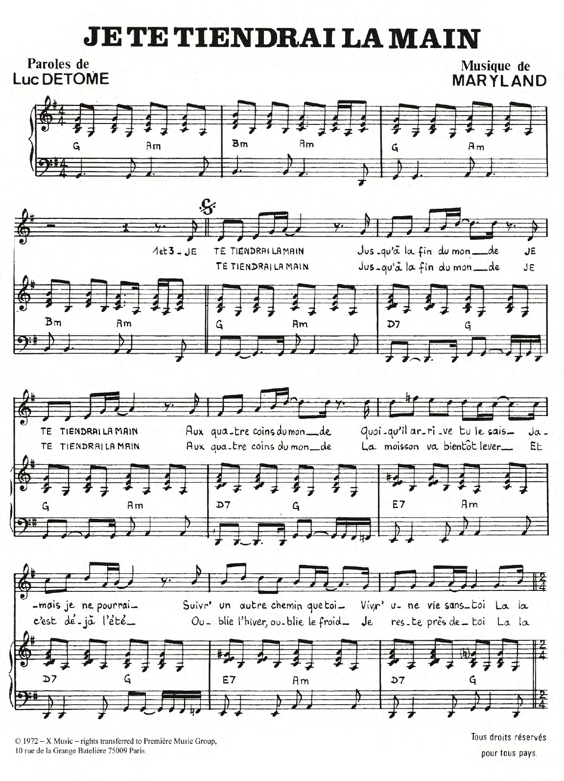 Laurent Rossi Je Te Tiendrai La Main Sheet Music Notes & Chords for Piano & Vocal - Download or Print PDF