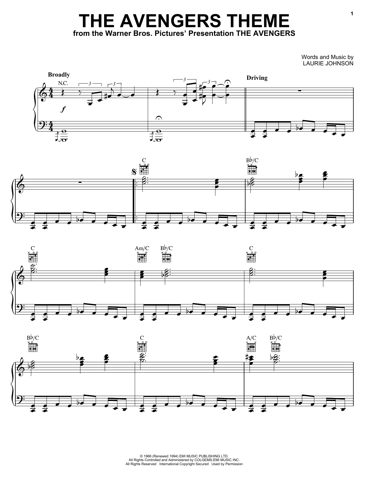 Laurie Johnson The Avengers Theme Sheet Music Notes & Chords for Melody Line, Lyrics & Chords - Download or Print PDF