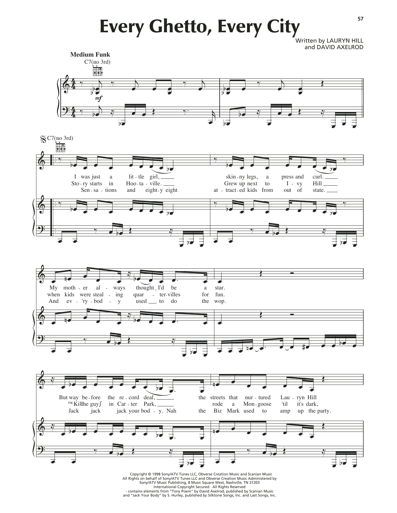 Lauryn Hill Every Ghetto, Every City Sheet Music Notes & Chords for Piano, Vocal & Guitar (Right-Hand Melody) - Download or Print PDF