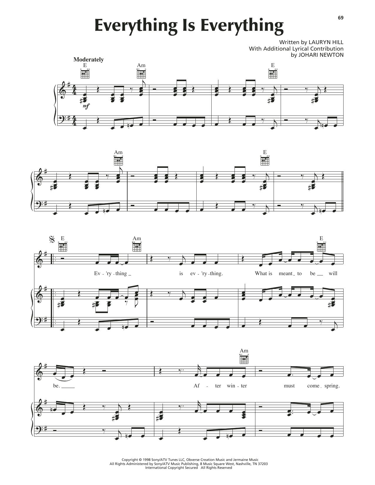 Lauryn Hill Everything Is Everything Sheet Music Notes & Chords for Piano, Vocal & Guitar (Right-Hand Melody) - Download or Print PDF