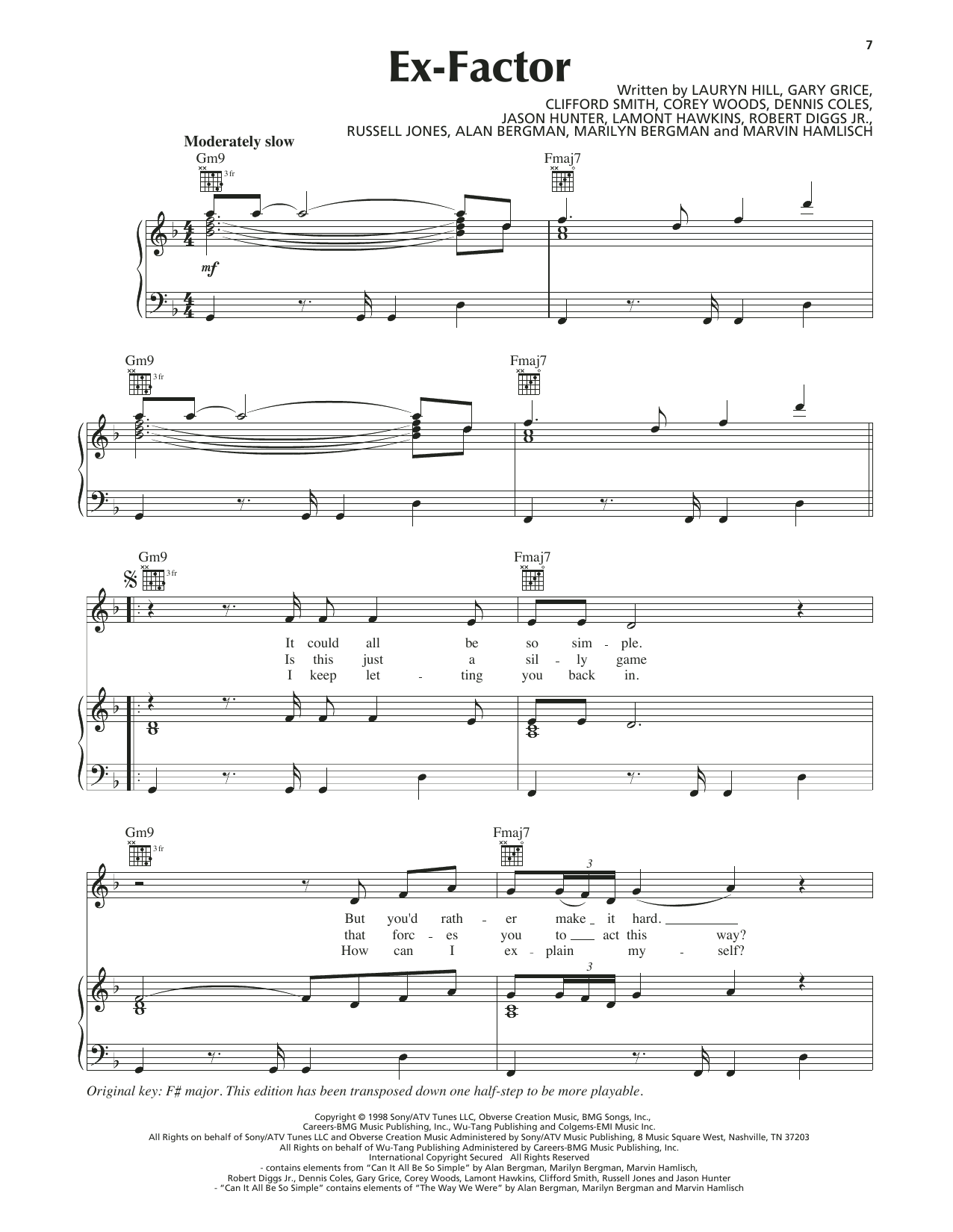 Lauryn Hill Ex-Factor Sheet Music Notes & Chords for Piano, Vocal & Guitar (Right-Hand Melody) - Download or Print PDF