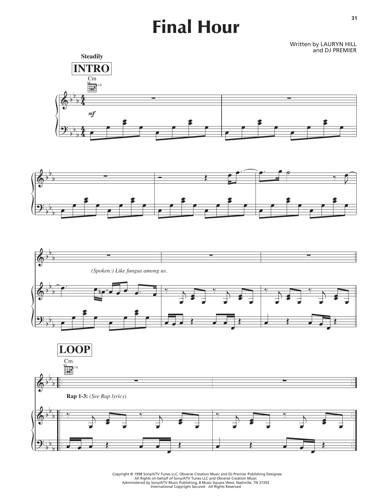 Lauryn Hill Final Hour Sheet Music Notes & Chords for Piano, Vocal & Guitar (Right-Hand Melody) - Download or Print PDF