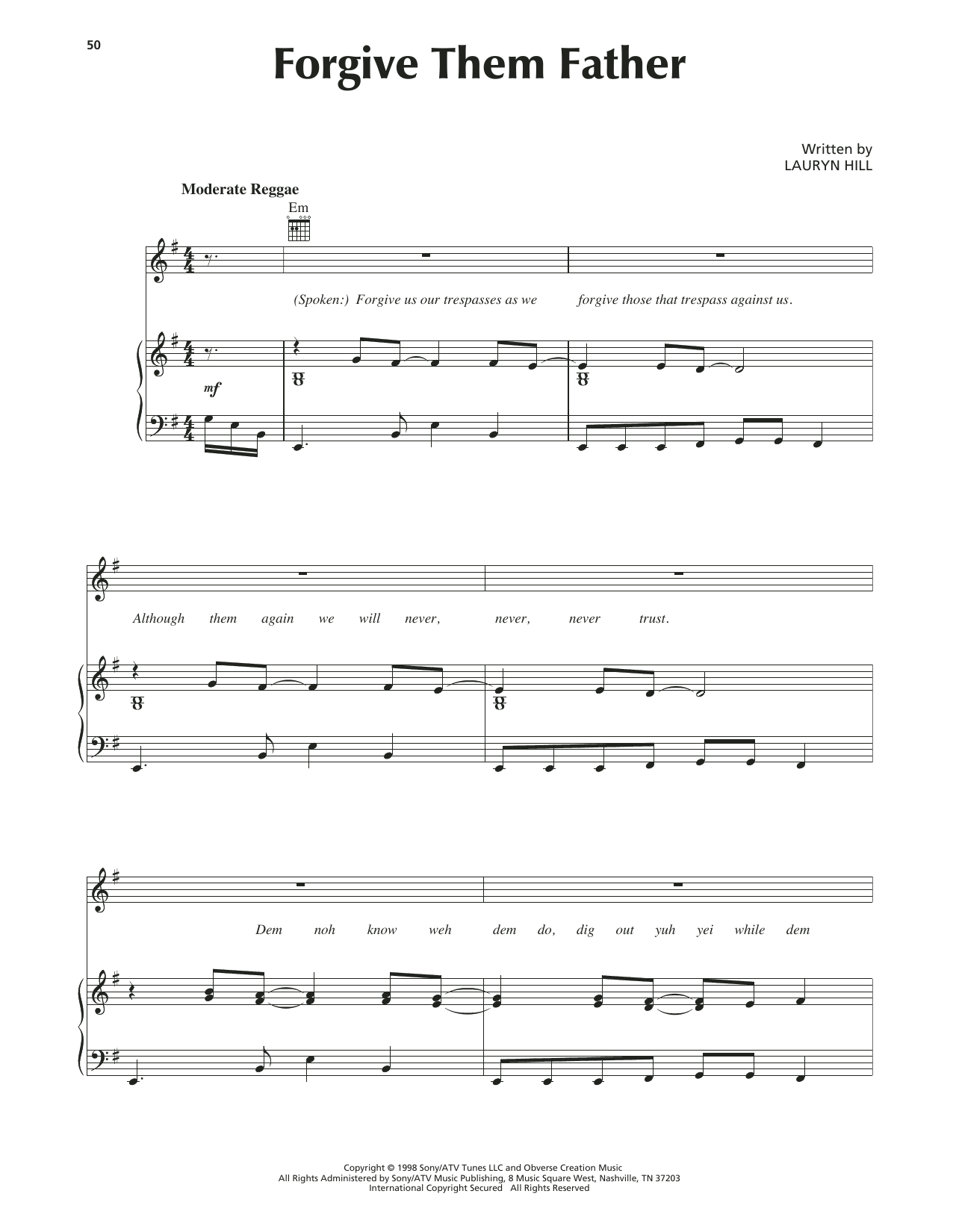 Lauryn Hill Forgive Them Father Sheet Music Notes & Chords for Piano, Vocal & Guitar (Right-Hand Melody) - Download or Print PDF