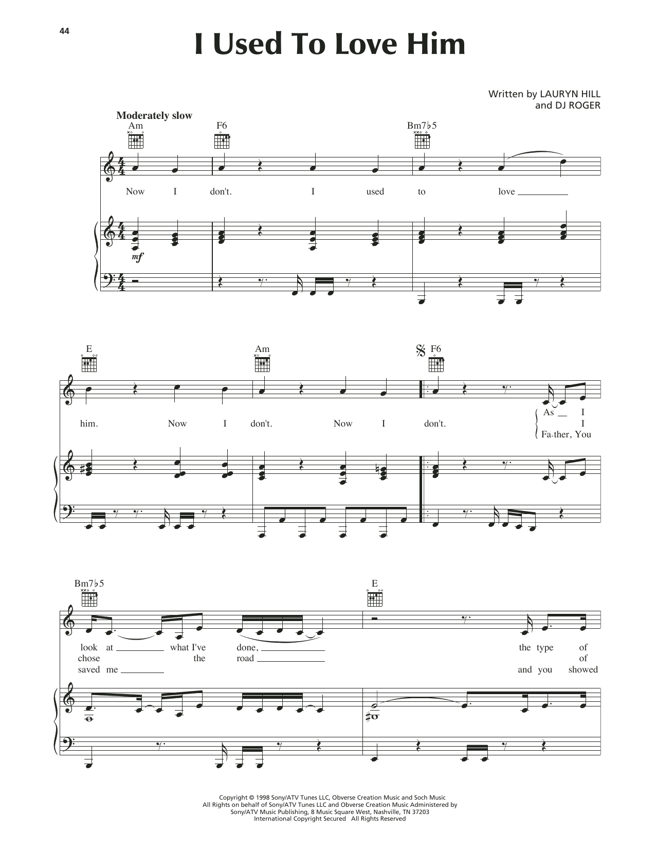 Lauryn Hill I Used To Love Him Sheet Music Notes & Chords for Piano, Vocal & Guitar (Right-Hand Melody) - Download or Print PDF