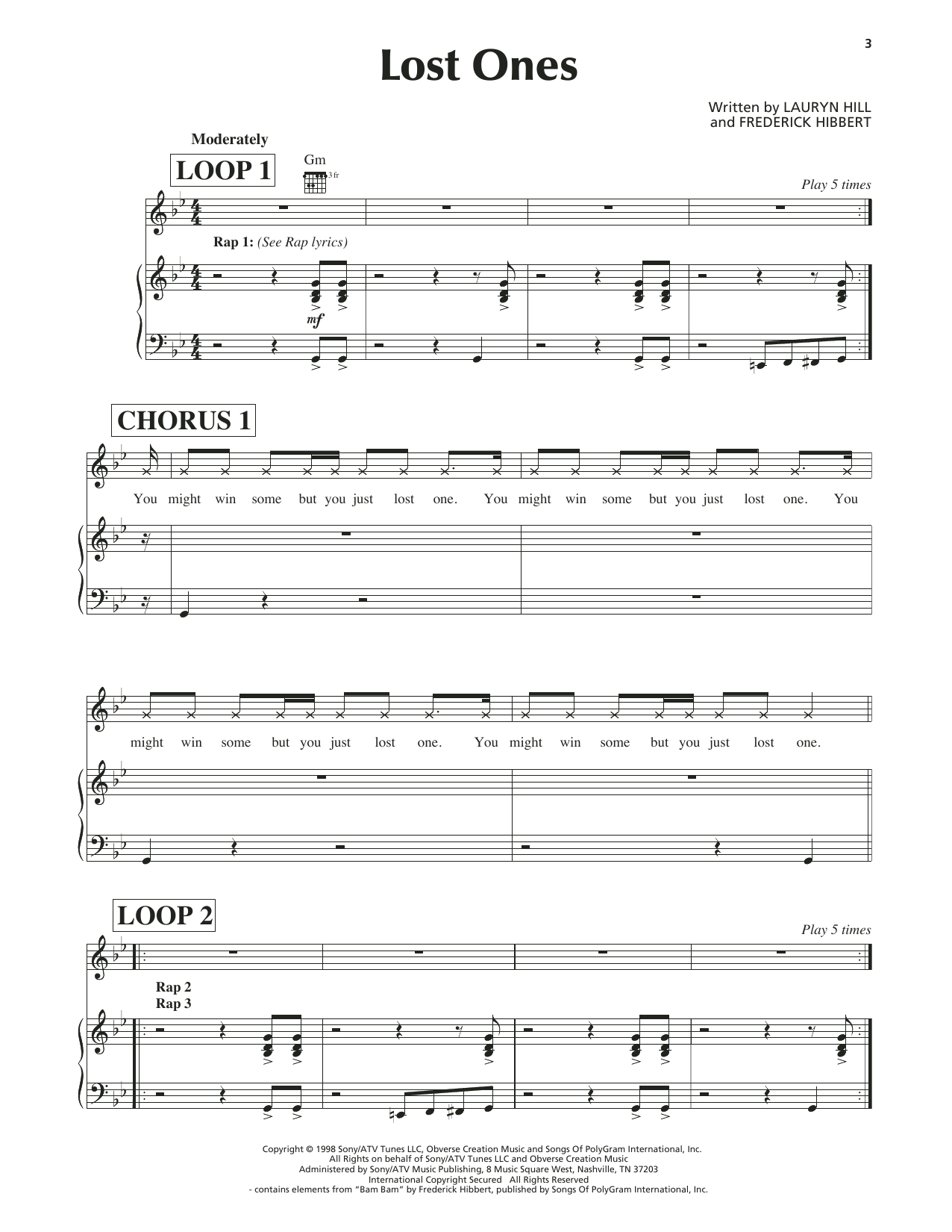 Lauryn Hill Lost Ones Sheet Music Notes & Chords for Piano, Vocal & Guitar (Right-Hand Melody) - Download or Print PDF