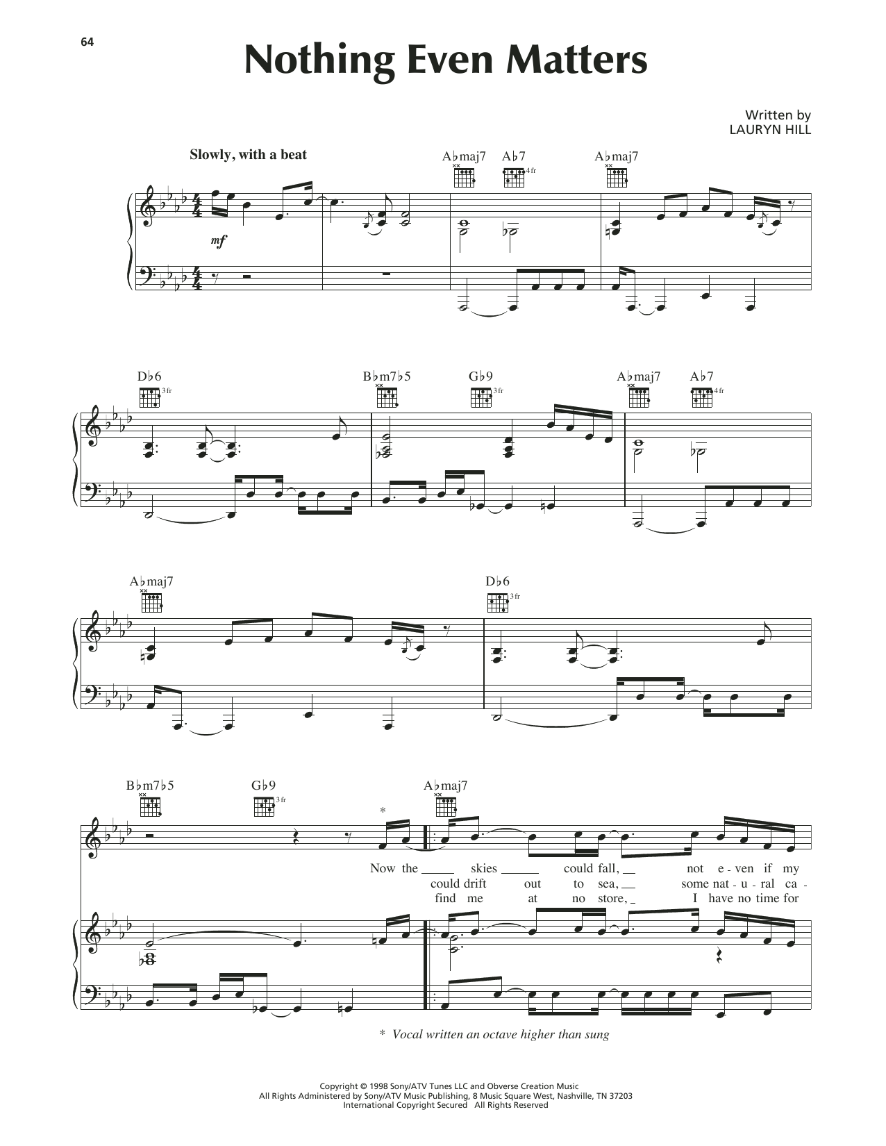 Lauryn Hill Nothing Even Matters Sheet Music Notes & Chords for Piano, Vocal & Guitar (Right-Hand Melody) - Download or Print PDF