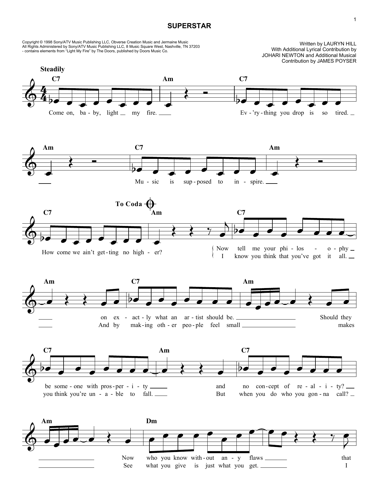 Lauryn Hill Superstar Sheet Music Notes & Chords for Melody Line, Lyrics & Chords - Download or Print PDF