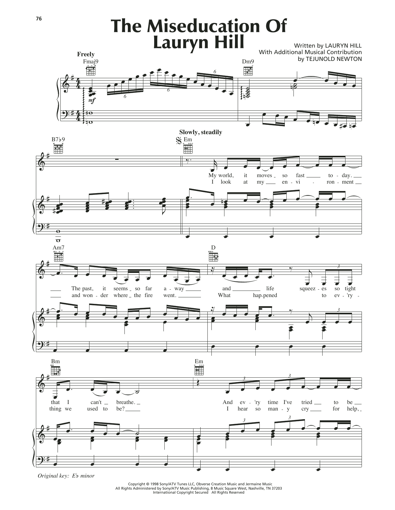 Lauryn Hill The Miseducation Of Lauryn Hill Sheet Music Notes & Chords for Piano, Vocal & Guitar (Right-Hand Melody) - Download or Print PDF