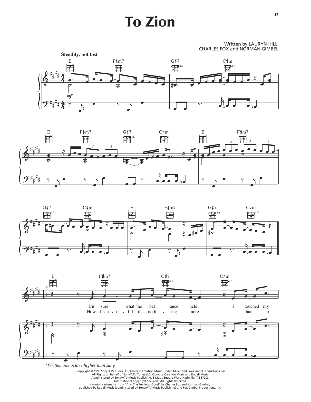 Lauryn Hill To Zion Sheet Music Notes & Chords for Piano, Vocal & Guitar (Right-Hand Melody) - Download or Print PDF