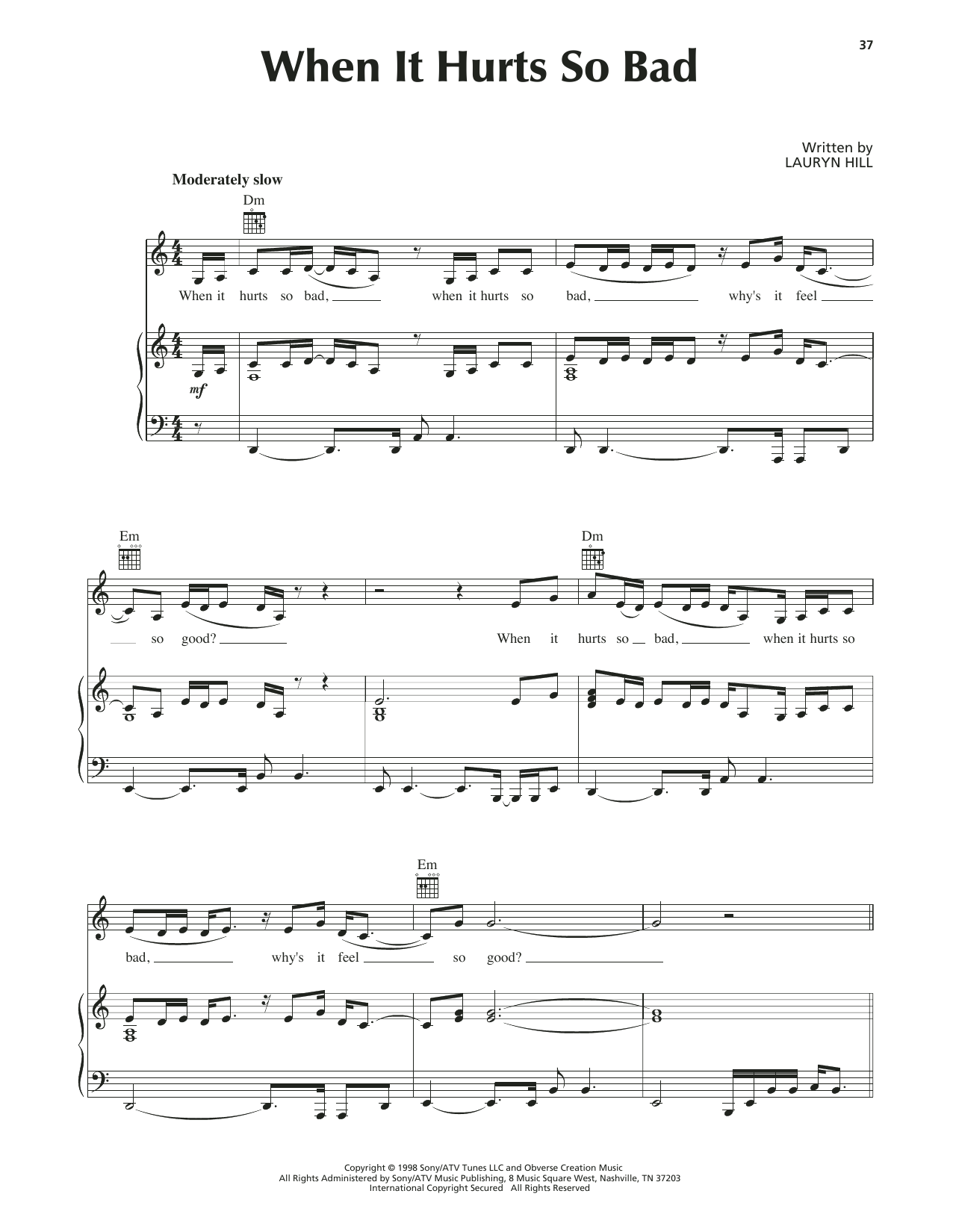 Lauryn Hill When It Hurts So Bad Sheet Music Notes & Chords for Piano, Vocal & Guitar (Right-Hand Melody) - Download or Print PDF