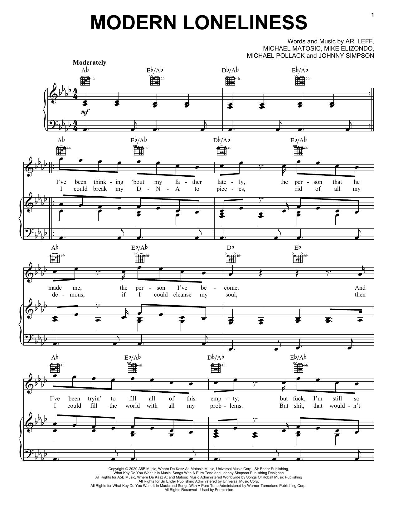Lauv Modern Loneliness Sheet Music Notes & Chords for Piano, Vocal & Guitar (Right-Hand Melody) - Download or Print PDF