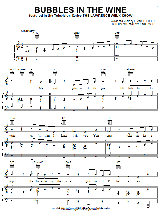 Frank Loesser Bubbles In The Wine Sheet Music Notes & Chords for Melody Line, Lyrics & Chords - Download or Print PDF