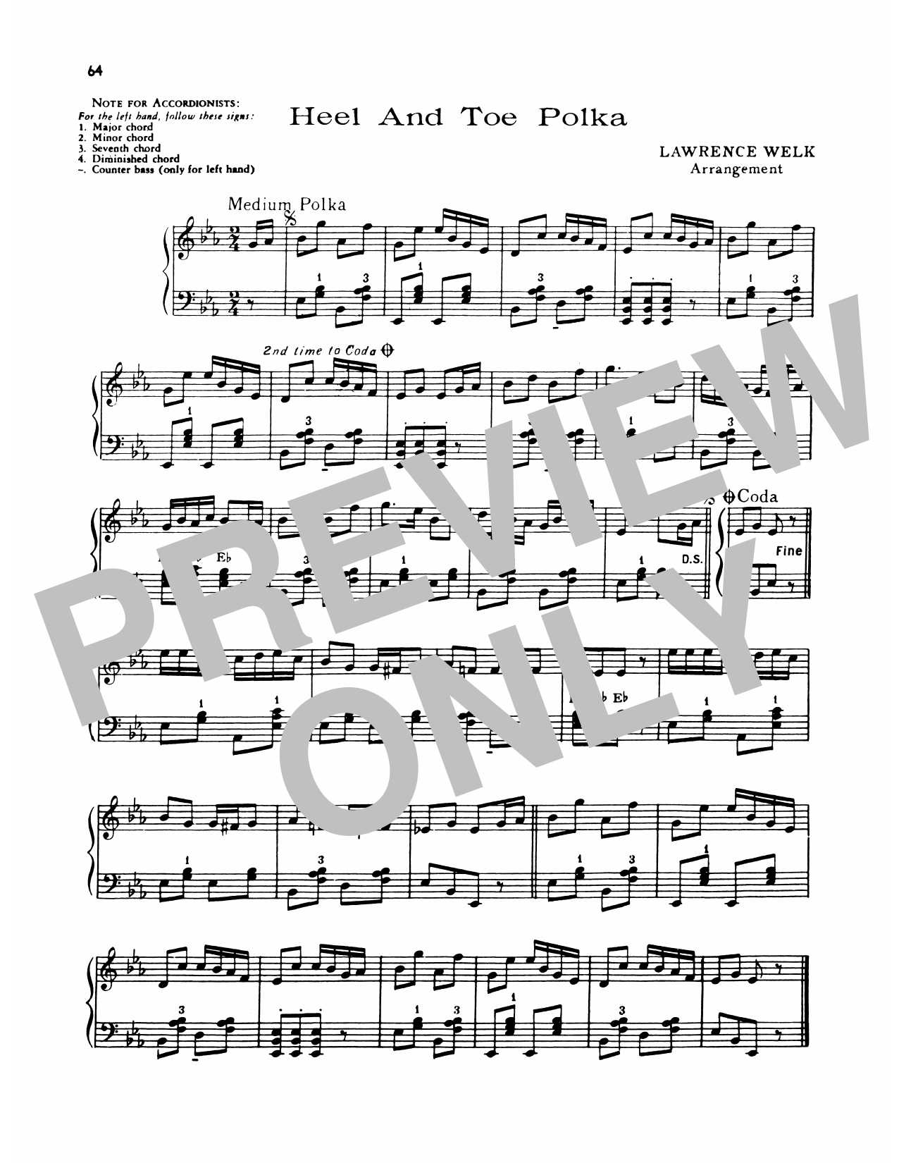 Lawrence Welk Heel And Toe Polka Sheet Music Notes & Chords for Piano Solo - Download or Print PDF