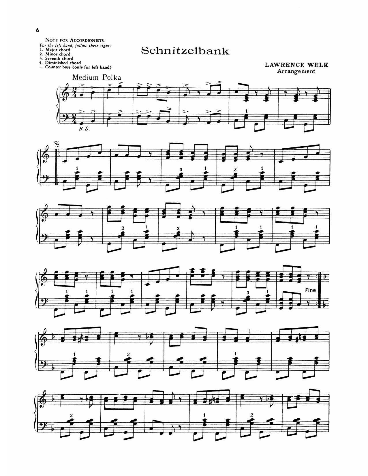 Lawrence Welk Schnitzelbank Sheet Music Notes & Chords for Piano Solo - Download or Print PDF