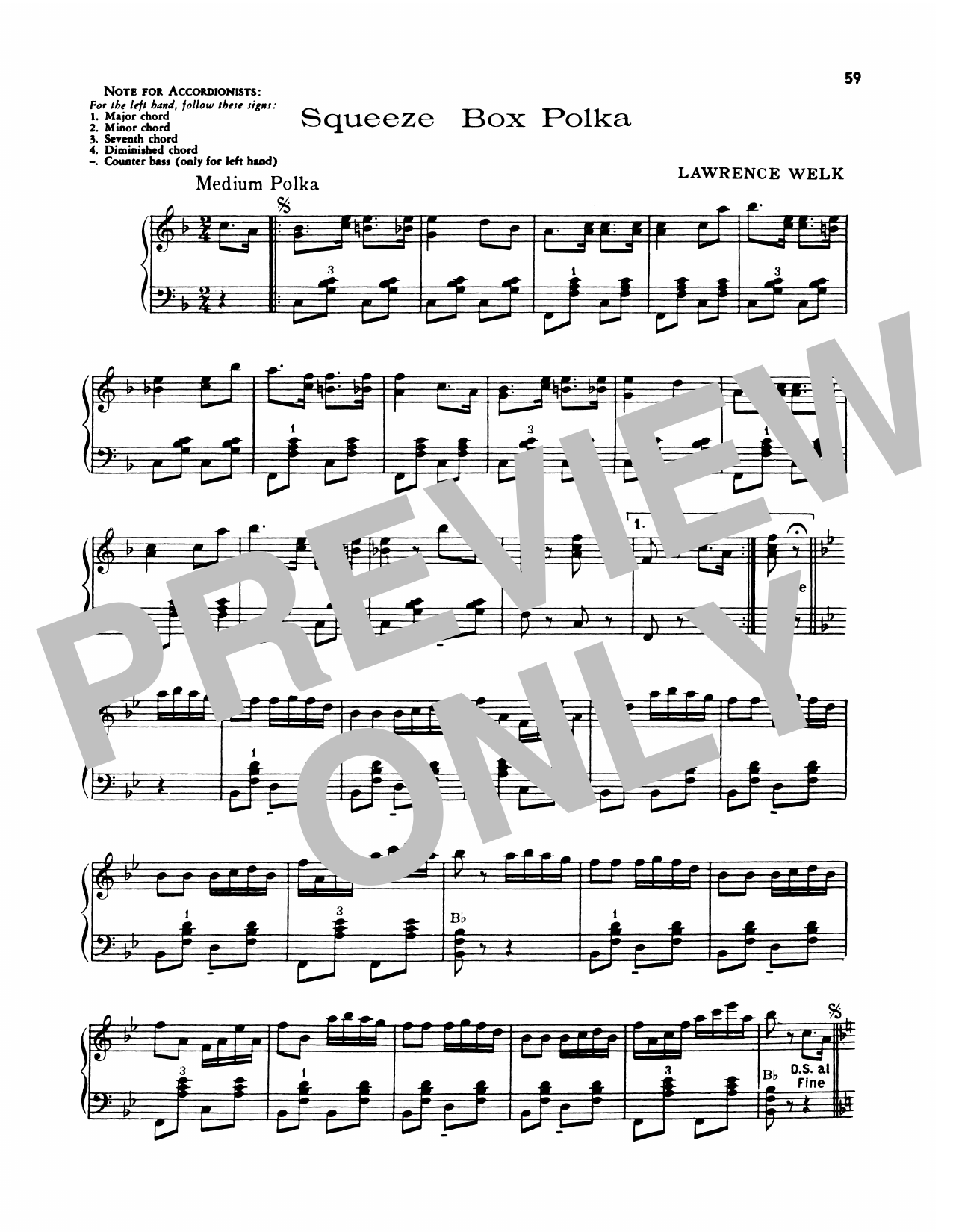 Lawrence Welk Squeeze Box Polka Sheet Music Notes & Chords for Piano Solo - Download or Print PDF