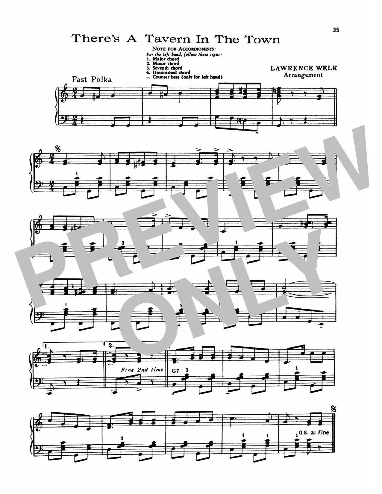 Lawrence Welk There's A Tavern In The Town Sheet Music Notes & Chords for Piano Solo - Download or Print PDF
