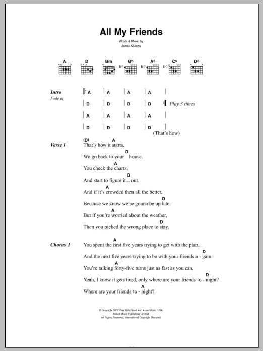 LCD Soundsystem All My Friends Sheet Music Notes & Chords for Lyrics & Chords - Download or Print PDF