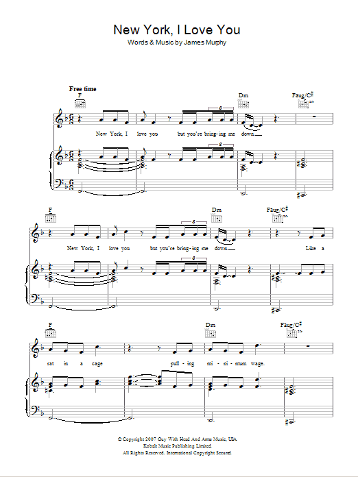 LCD Soundsystem New York, I Love You But You're Bringing Me Down Sheet Music Notes & Chords for Piano, Vocal & Guitar (Right-Hand Melody) - Download or Print PDF