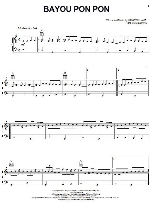 Le Trio Cadien Bayou Pon Pon Sheet Music Notes & Chords for Piano, Vocal & Guitar (Right-Hand Melody) - Download or Print PDF