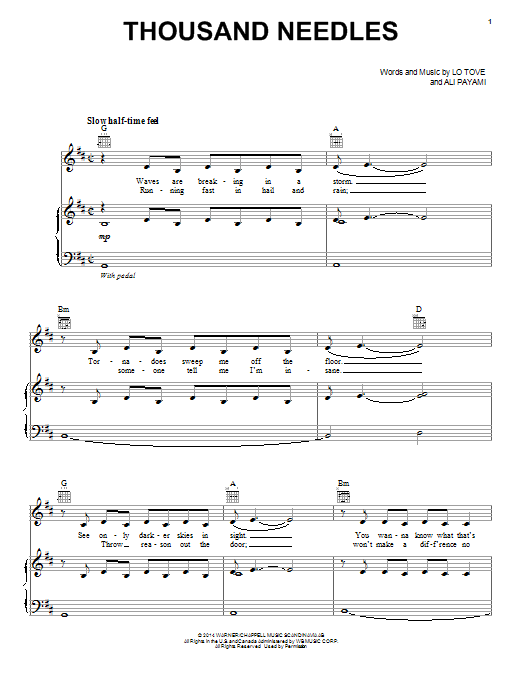 Lea Michele Thousand Needles Sheet Music Notes & Chords for Piano, Vocal & Guitar (Right-Hand Melody) - Download or Print PDF