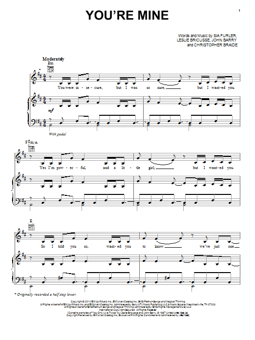 Lea Michele You're Mine Sheet Music Notes & Chords for Piano, Vocal & Guitar (Right-Hand Melody) - Download or Print PDF
