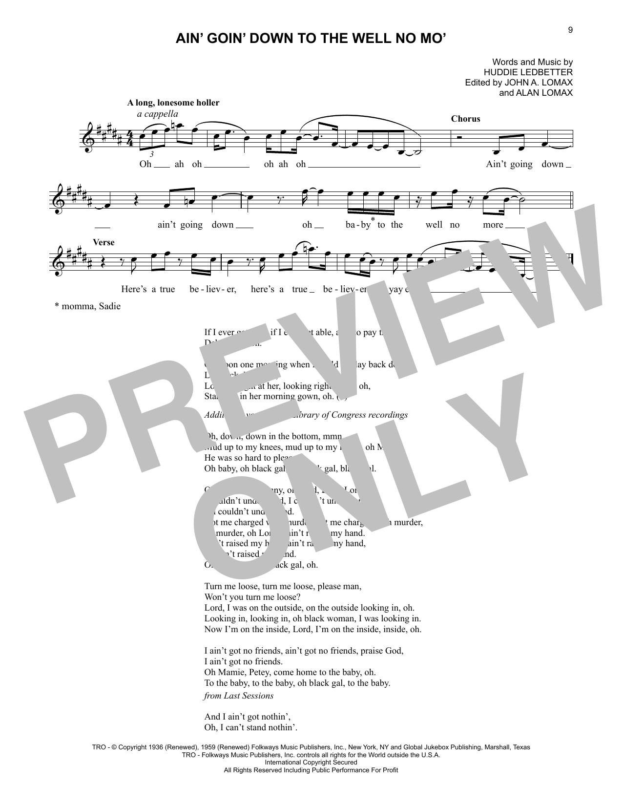 Lead Belly Ain' Goin' Down To The Well No Mo' Sheet Music Notes & Chords for Lead Sheet / Fake Book - Download or Print PDF