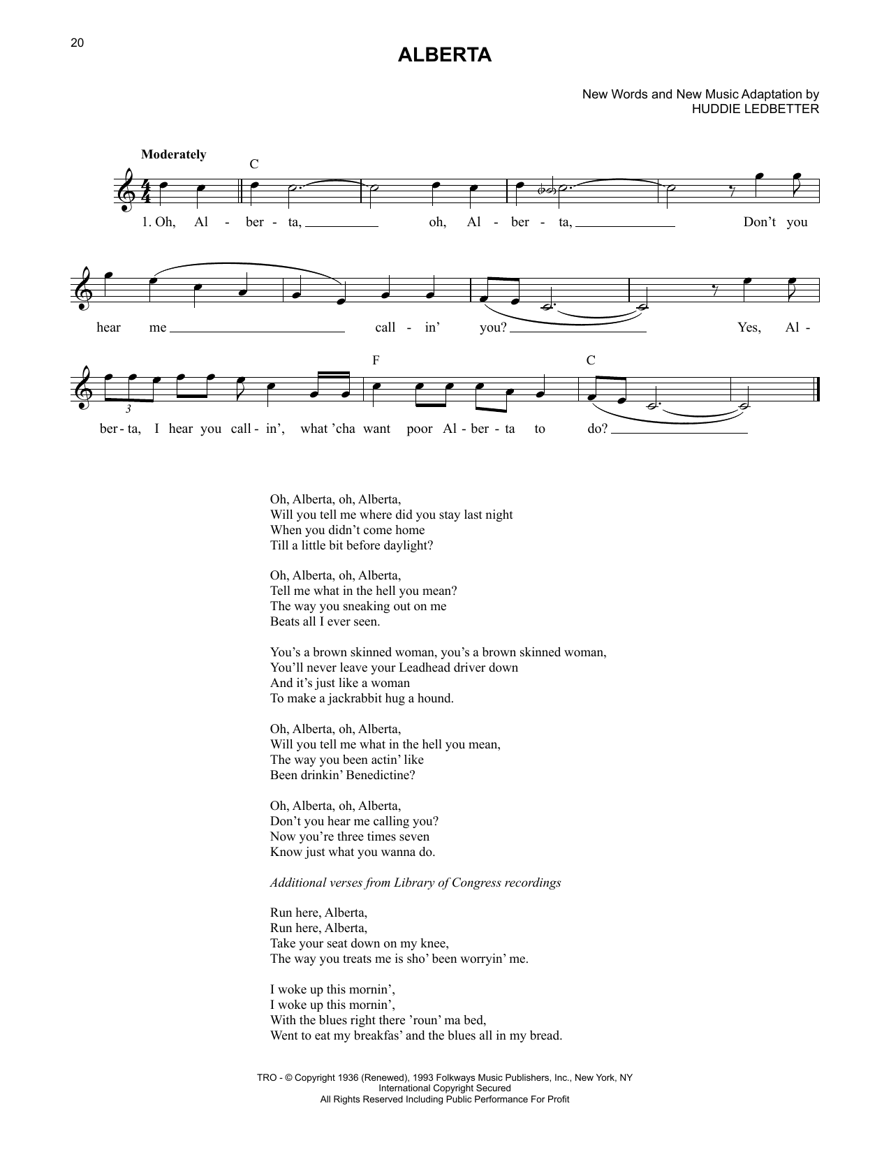 Lead Belly Alberta Sheet Music Notes & Chords for Lead Sheet / Fake Book - Download or Print PDF
