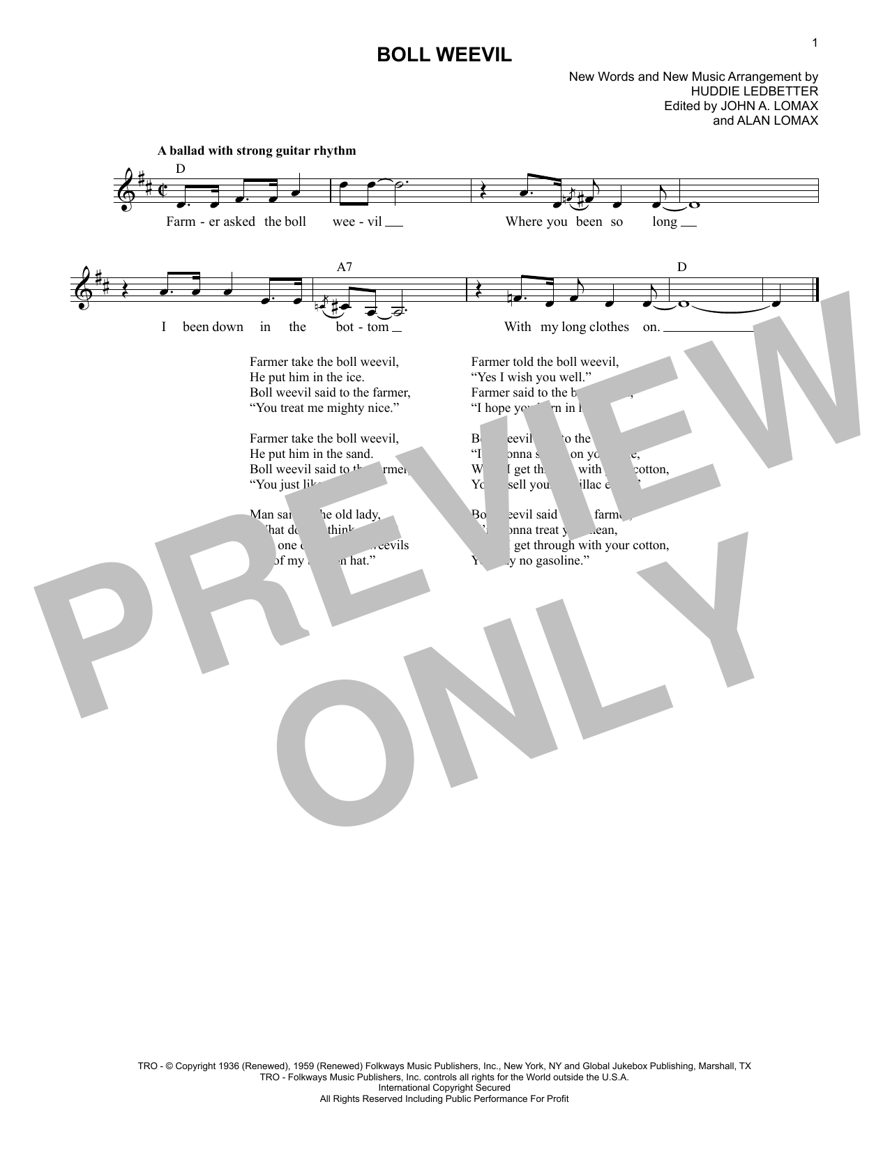 Lead Belly Boll Weevil Sheet Music Notes & Chords for Lead Sheet / Fake Book - Download or Print PDF