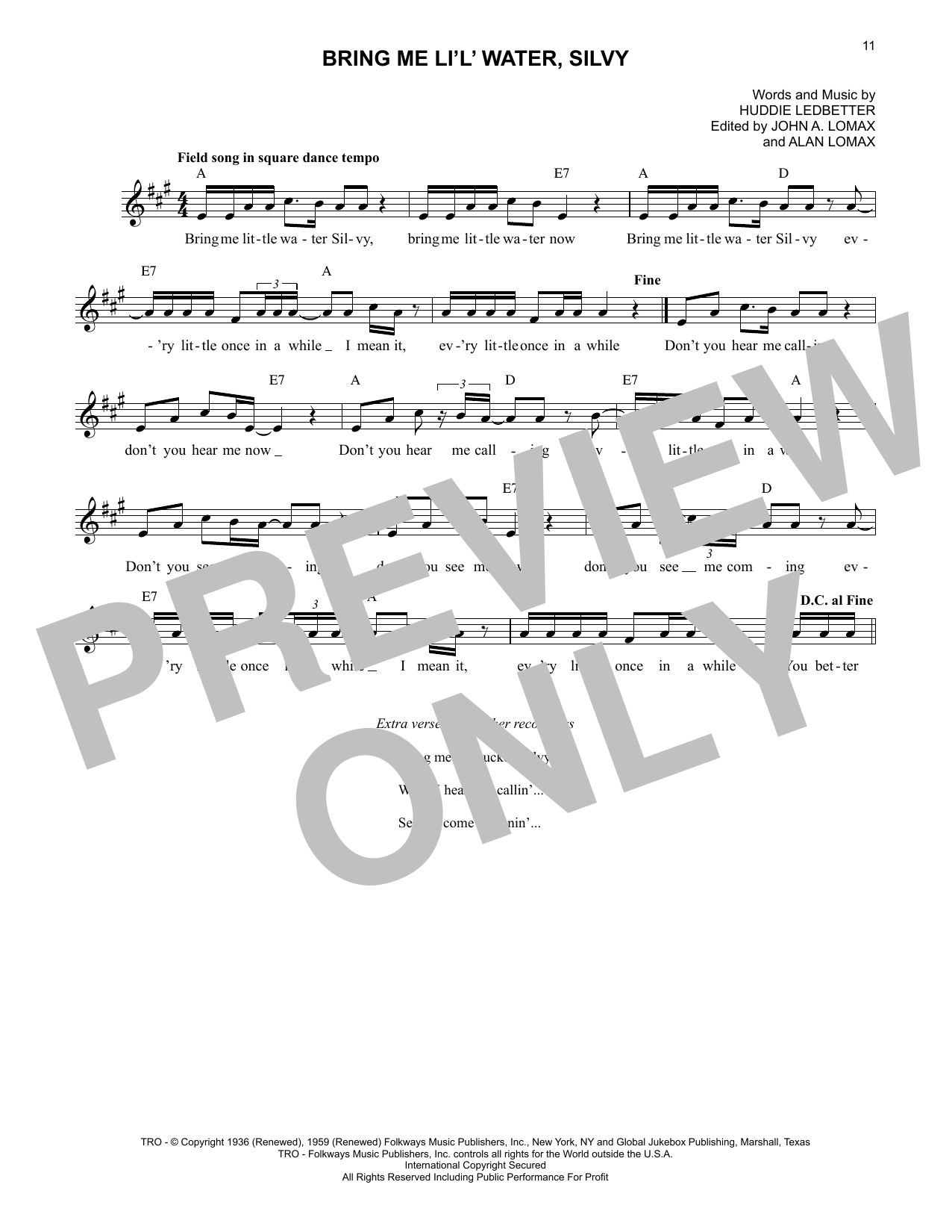 Lead Belly Bring Me Li'l' Water, Silvy Sheet Music Notes & Chords for Lead Sheet / Fake Book - Download or Print PDF Lead Belly Bring Me Li'l' Water, Silvy Sheet Music Notes & Chords for Lead Sheet / Fake Book - Download or Print PDF
