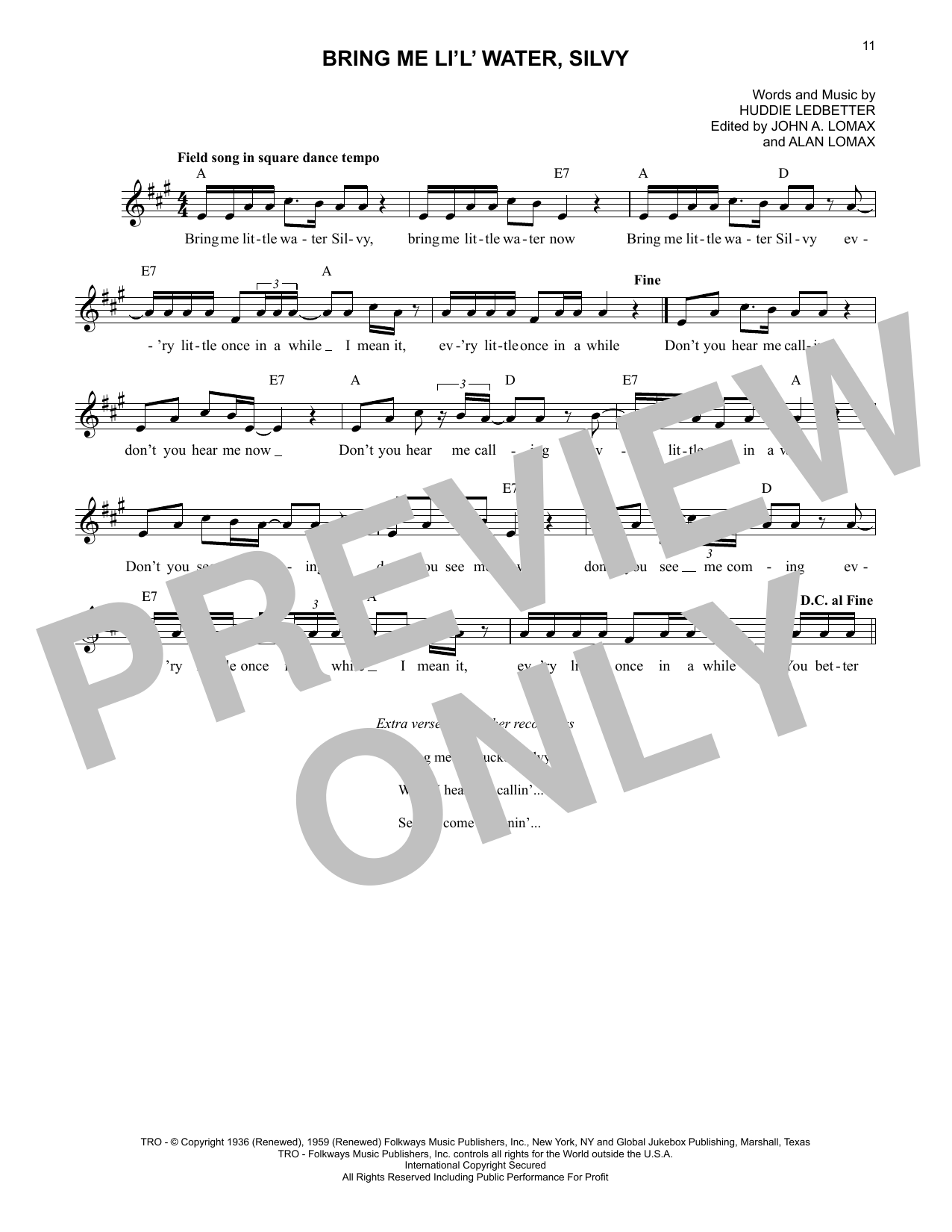 Lead Belly Bring Me Li'l' Water, Silvy Sheet Music Notes & Chords for Lead Sheet / Fake Book - Download or Print PDF