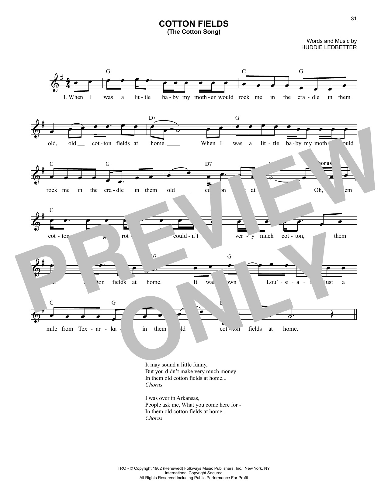 Lead Belly Cotton Fields (The Cotton Song) Sheet Music Notes & Chords for Lead Sheet / Fake Book - Download or Print PDF