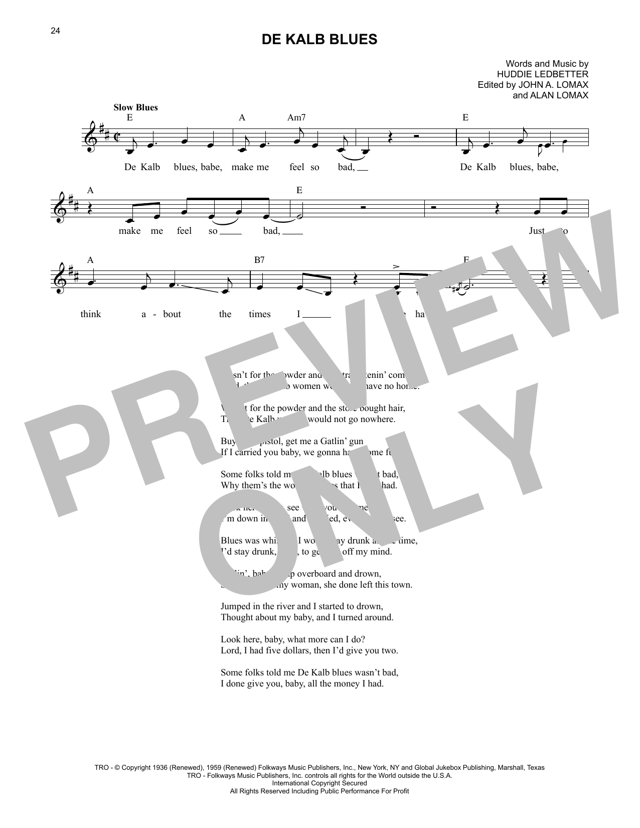 Lead Belly De Kalb Blues Sheet Music Notes & Chords for Lead Sheet / Fake Book - Download or Print PDF