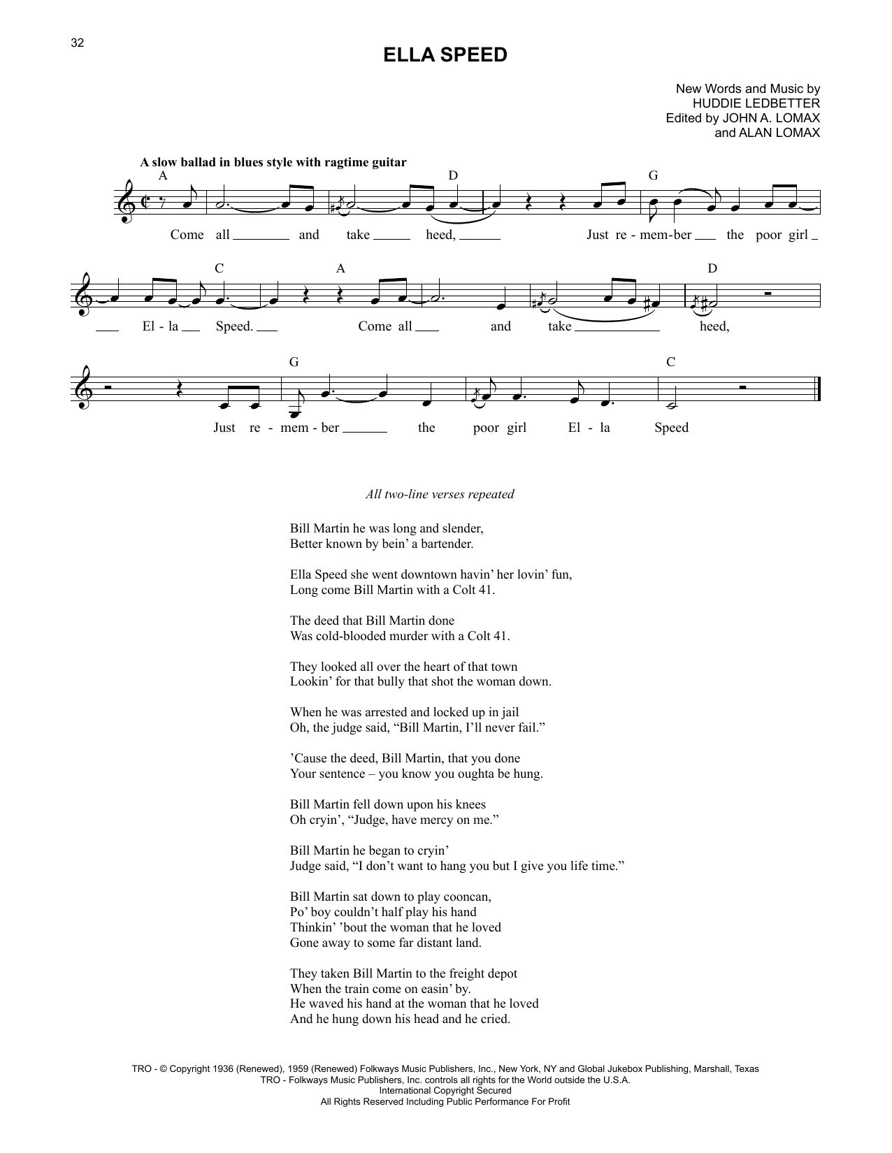 Lead Belly Ella Speed Sheet Music Notes & Chords for Lead Sheet / Fake Book - Download or Print PDF