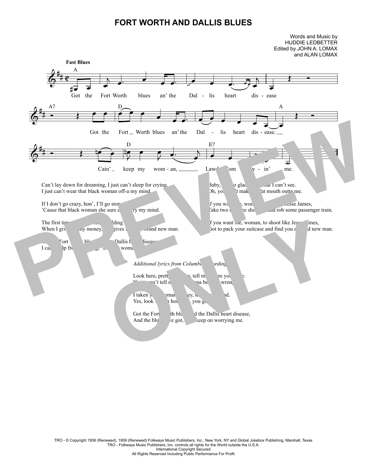 Lead Belly Fort Worth And Dallis Blues Sheet Music Notes & Chords for Lead Sheet / Fake Book - Download or Print PDF