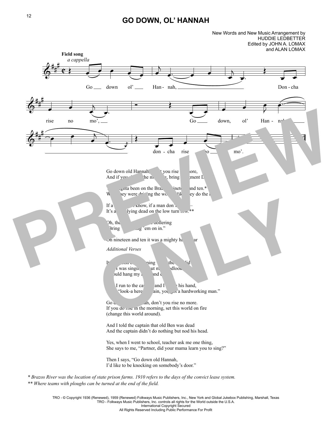 Lead Belly Go Down, Ol' Hannah Sheet Music Notes & Chords for Lead Sheet / Fake Book - Download or Print PDF