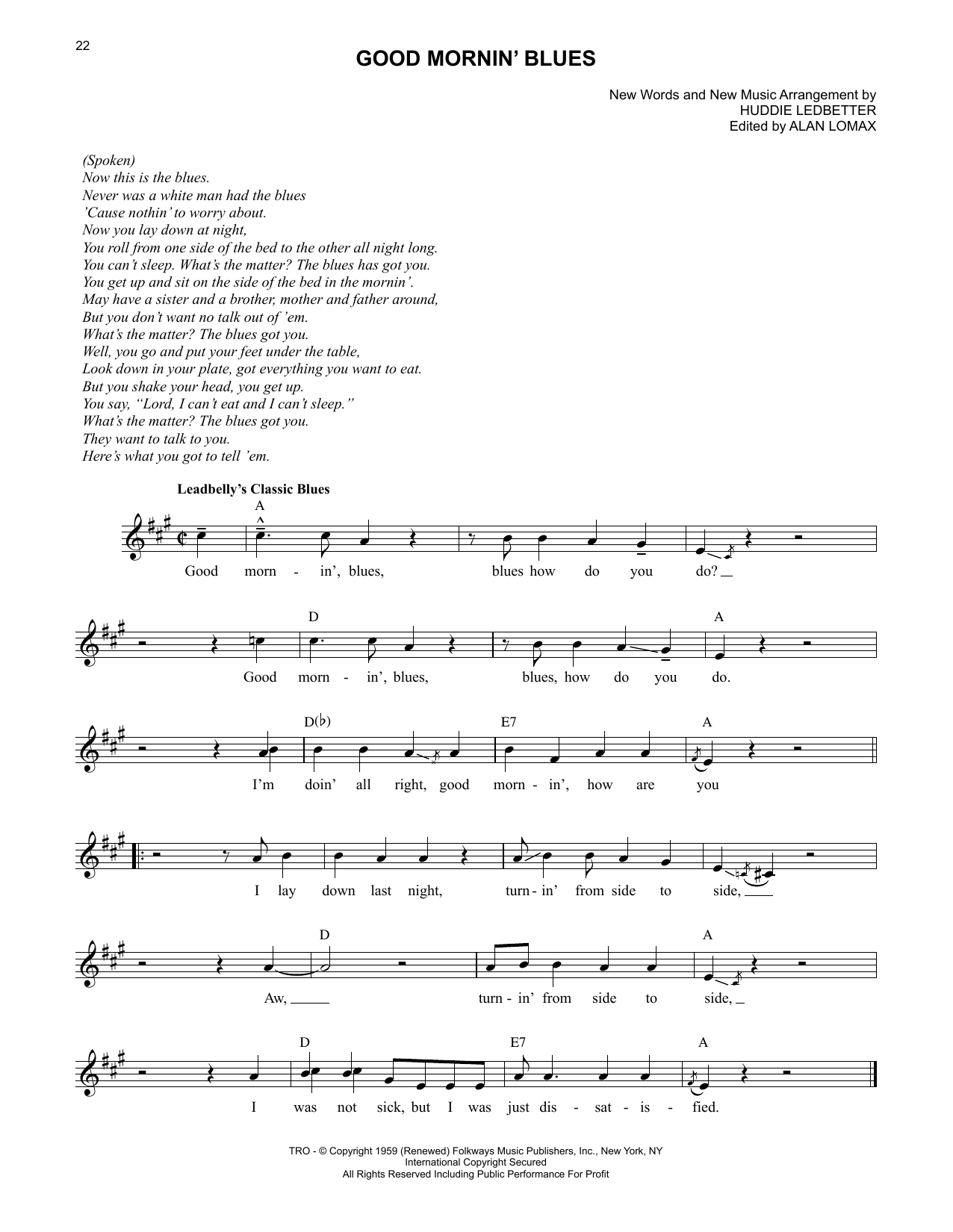 Lead Belly Good Mornin' Blues Sheet Music Notes & Chords for Lead Sheet / Fake Book - Download or Print PDF