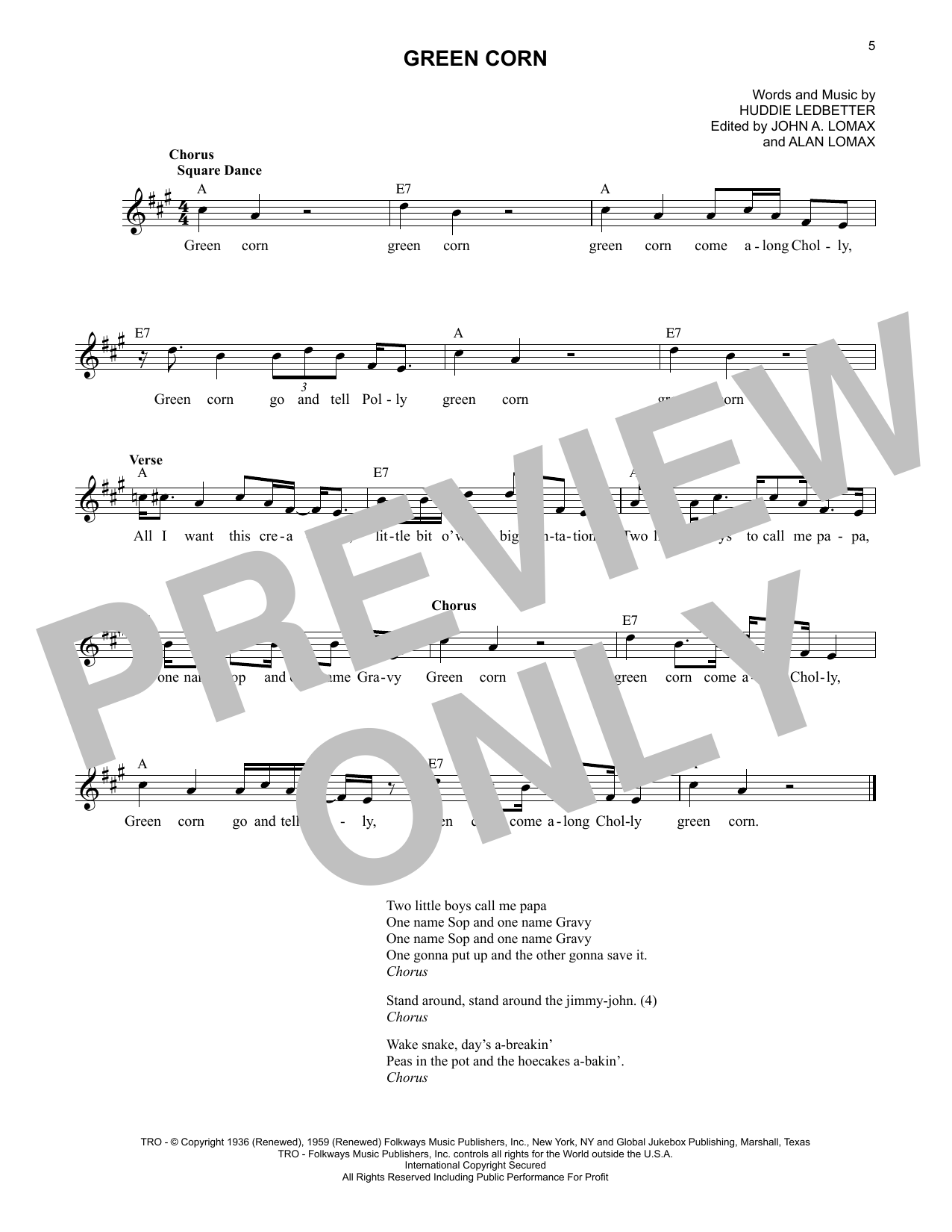 Lead Belly Green Corn Sheet Music Notes & Chords for Lead Sheet / Fake Book - Download or Print PDF