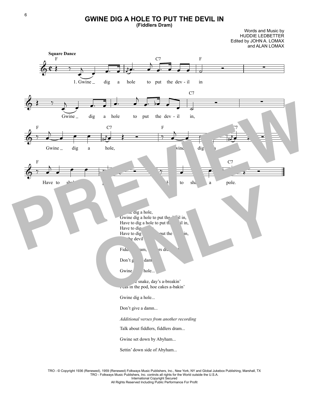 Lead Belly Gwine Dig A Hole To Put The Devil In (Fiddlers Dram) Sheet Music Notes & Chords for Lead Sheet / Fake Book - Download or Print PDF