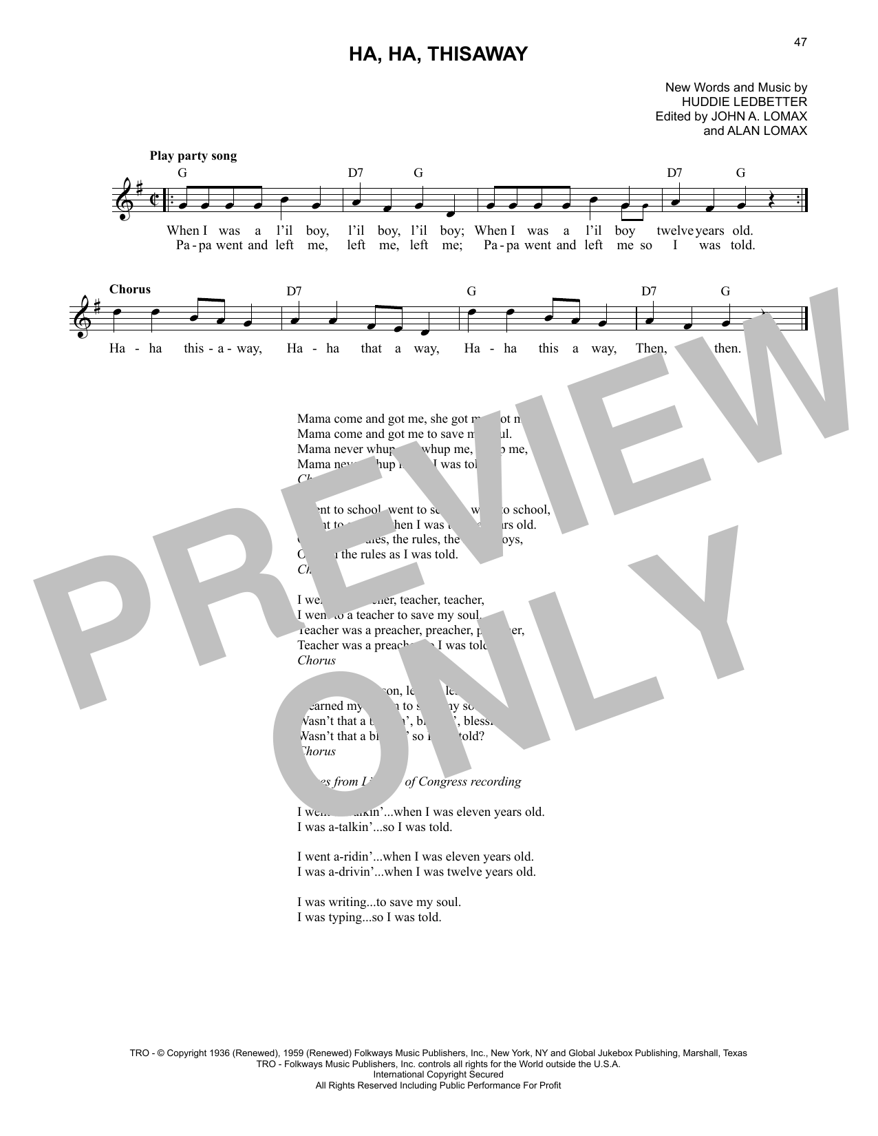 Lead Belly Ha, Ha, Thisaway Sheet Music Notes & Chords for Lead Sheet / Fake Book - Download or Print PDF