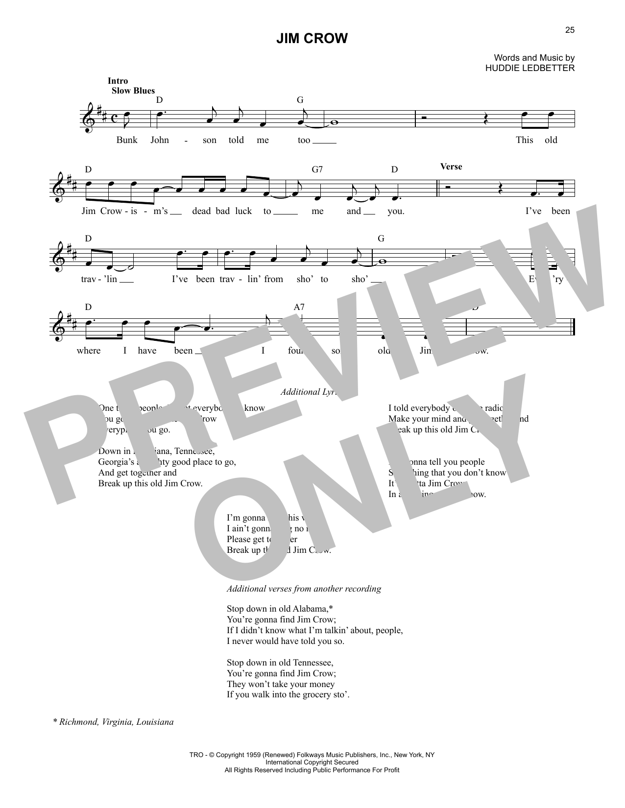 Lead Belly Jim Crow Sheet Music Notes & Chords for Lead Sheet / Fake Book - Download or Print PDF