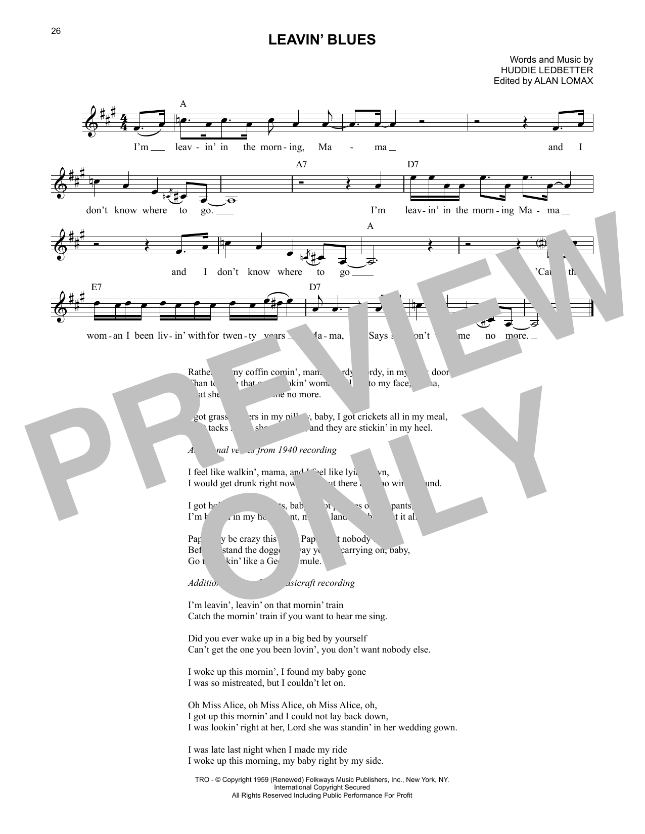 Lead Belly Leavin' Blues Sheet Music Notes & Chords for Lead Sheet / Fake Book - Download or Print PDF