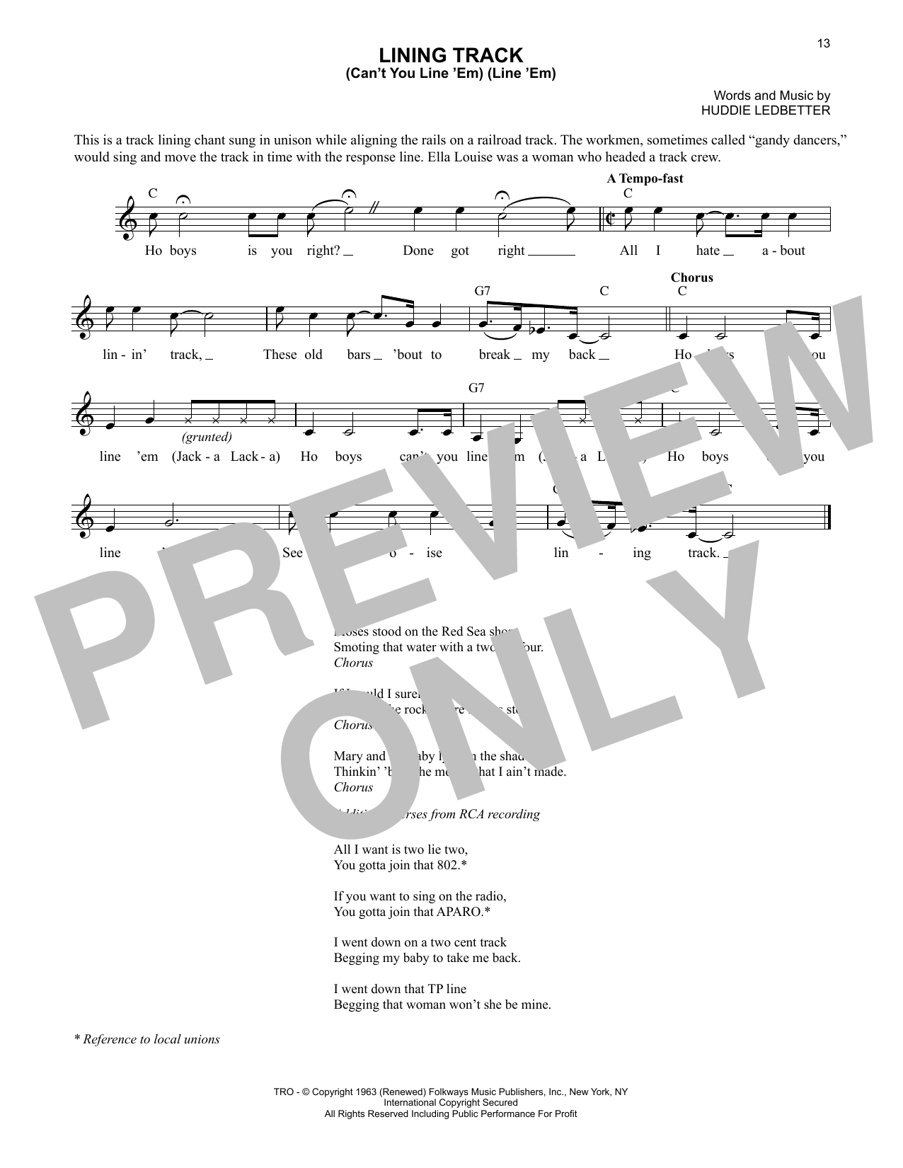 Lead Belly Lining Track (Can't You Line 'Em) (Line 'Em) Sheet Music Notes & Chords for Lead Sheet / Fake Book - Download or Print PDF