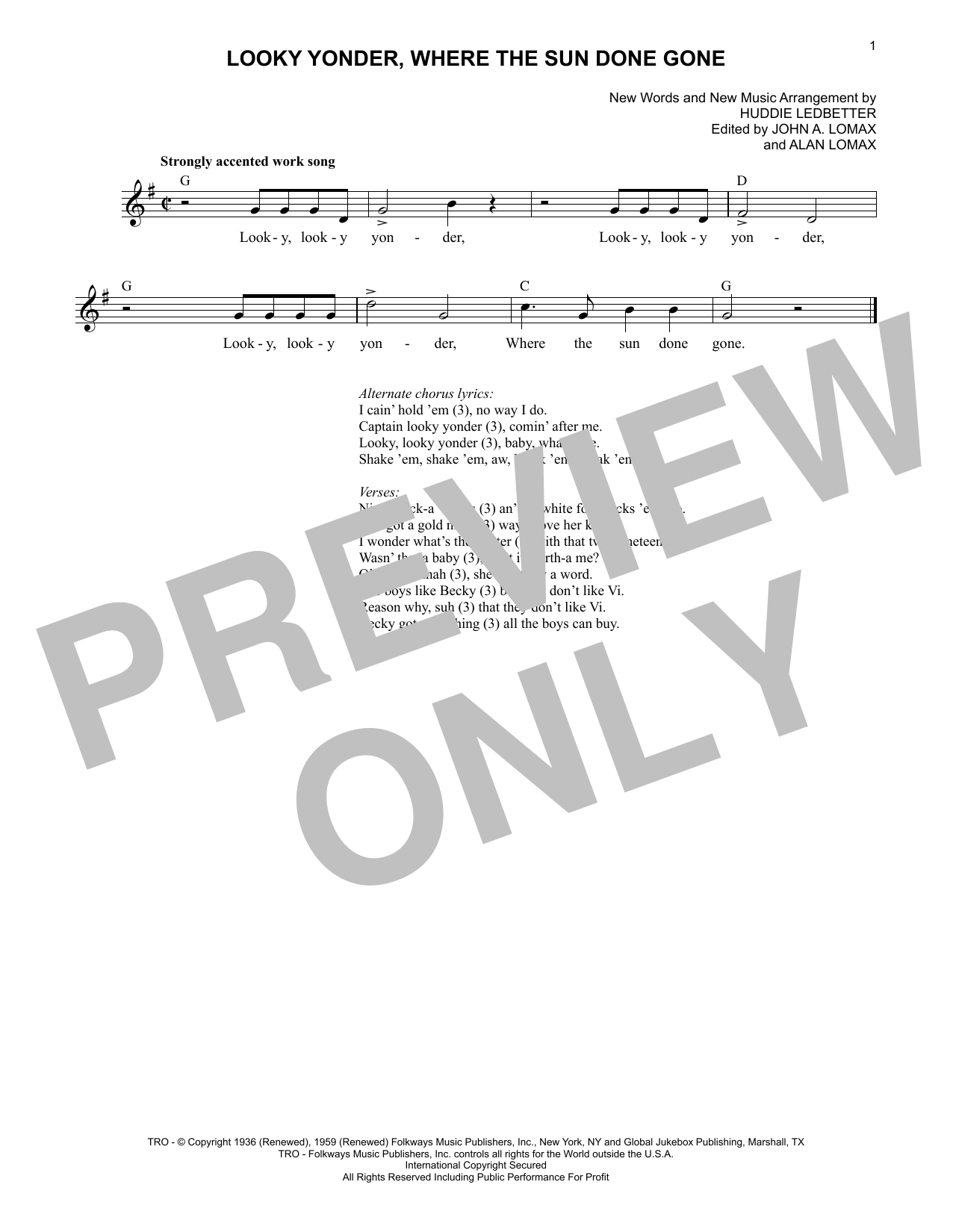 Lead Belly Looky Yonder, Where The Sun Done Gone Sheet Music Notes & Chords for Lead Sheet / Fake Book - Download or Print PDF