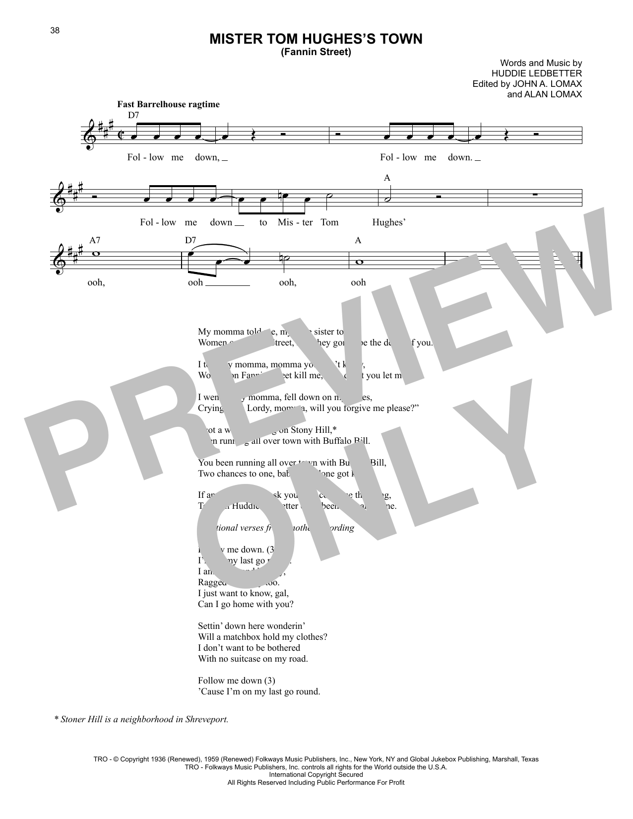 Lead Belly Mister Tom Hughes's Town (Fannin Street) Sheet Music Notes & Chords for Lead Sheet / Fake Book - Download or Print PDF