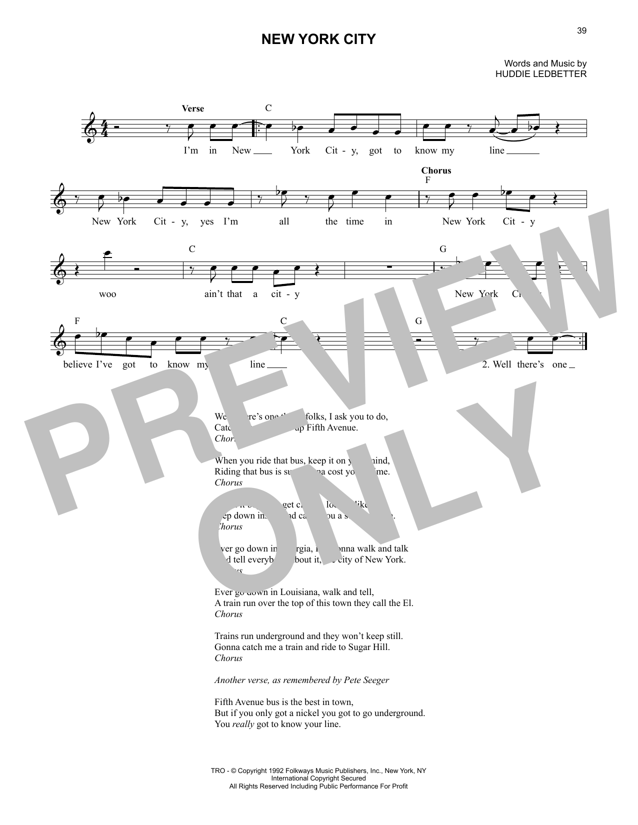 Lead Belly New York City Sheet Music Notes & Chords for Lead Sheet / Fake Book - Download or Print PDF