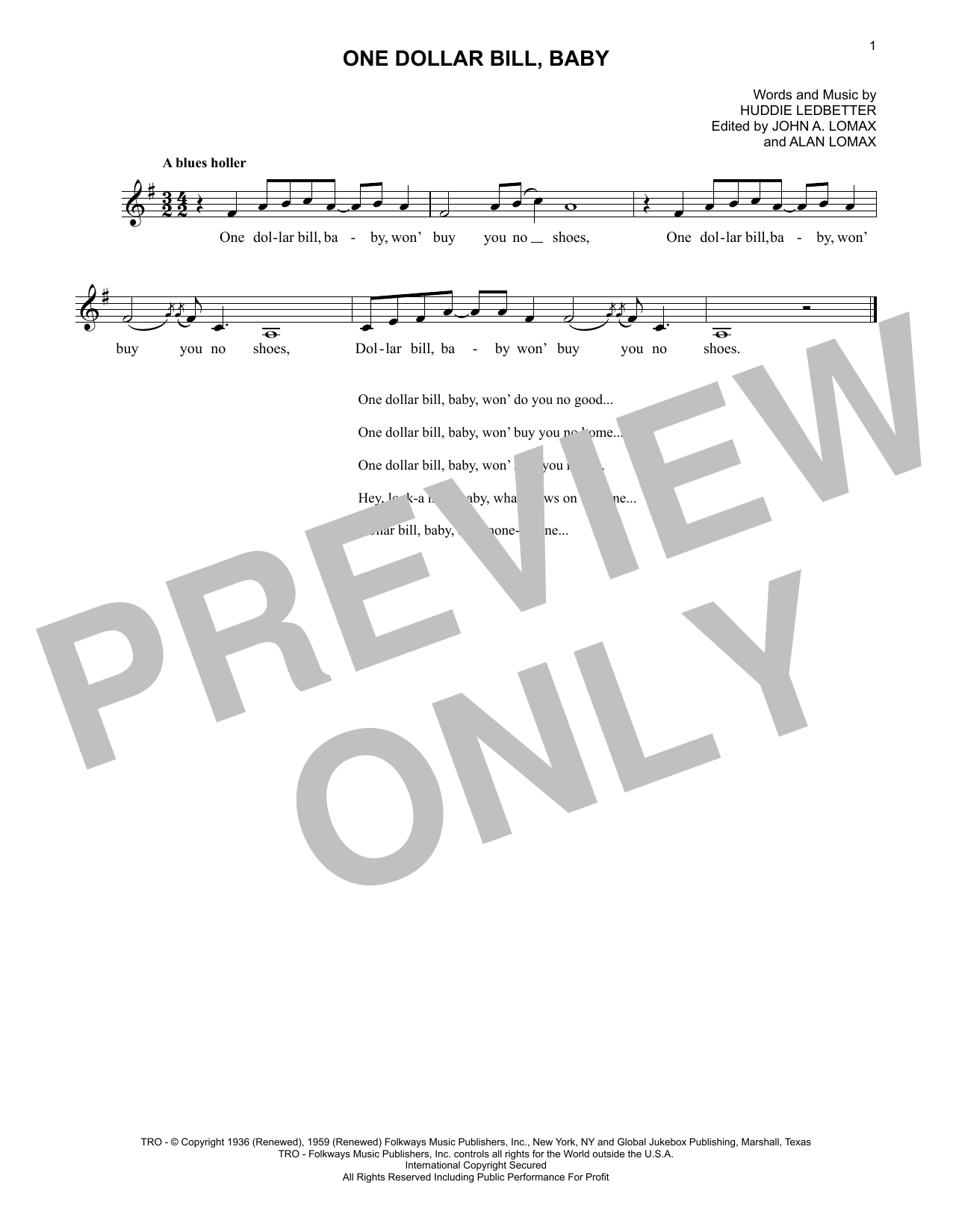 Lead Belly One Dollar Bill, Baby Sheet Music Notes & Chords for Lead Sheet / Fake Book - Download or Print PDF